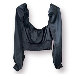 AFRM Satin Peasant Shirt Top Long Puff Sleeve Cropped Ruched Black Large Revolve